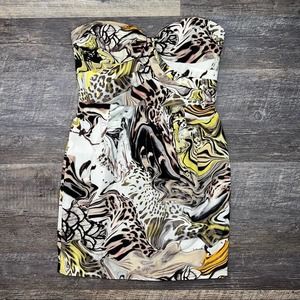 Anthropologie Leifsdottir beige and yellow animal print strapless dress 8 B106